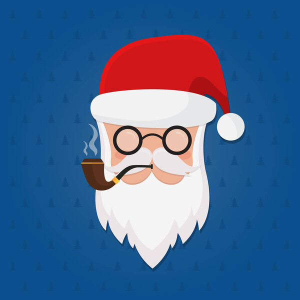 Santa Claus, hat, glasses, pipe, and beard. Hipster Santa. Happy New Year and Christmas greetings card