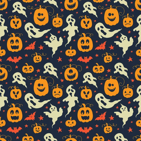 Modello Senza Cuciture Halloween Vettoriale Con Fantasmi Zucche Stelle Pipistrelli — Vettoriale Stock