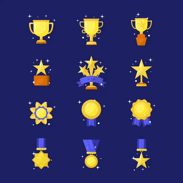 Koyu arka plan üzerinde izole kupa, madalya, kupa ve Ödülleri Icons set vektör. Düz stil.
