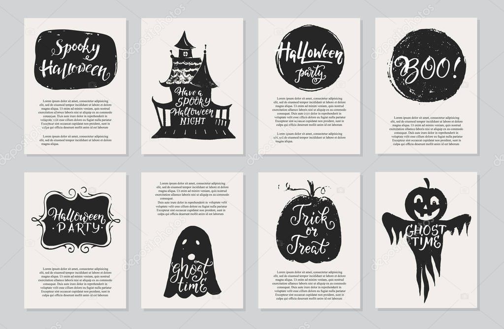 Vector Halloween greeting cards, flyer, banner, poster templates. Hand drawn traditional symbols, lettering and text. Vector collection with pumpkins, house, ghost, moon. Perfect for party invitation.