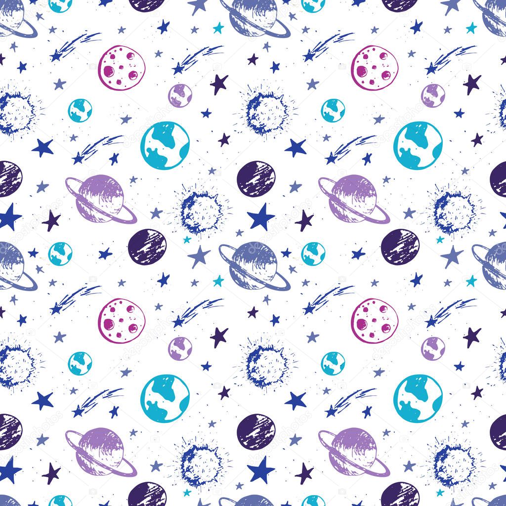 Vector doodle space seamless pattern: planets, stars, moon, sun