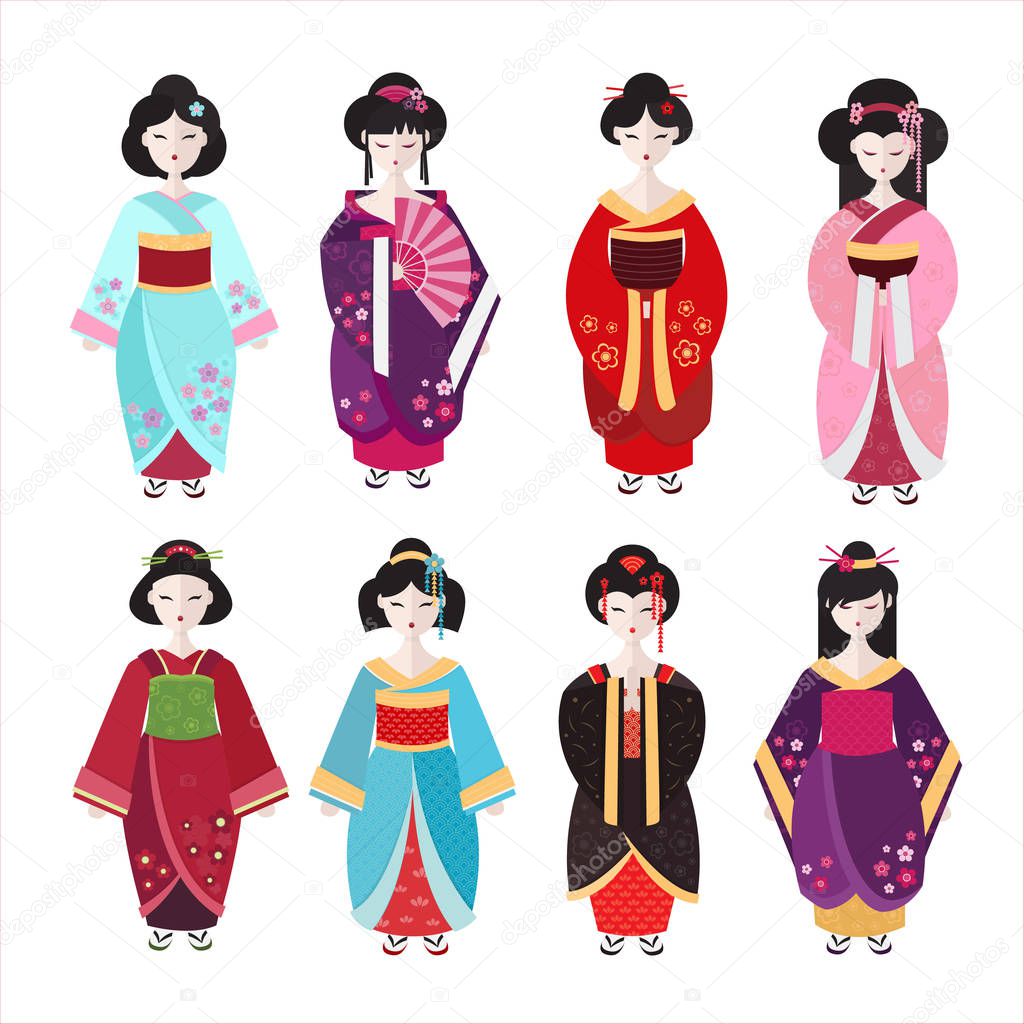 Vector set of flat simple characters on white background Japanese Geisha in different kimono .