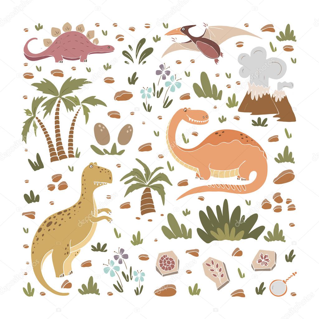 Vector set of funny dinosaurs, palms, volcano, fossils, eggs, flowers in cartoon style. 