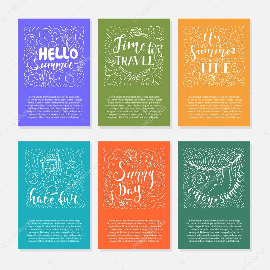Set of summer holidays and tropical vacation hand drawn greeting cards with handwritten calligraphy quotes, phrase and words. Vector illustration