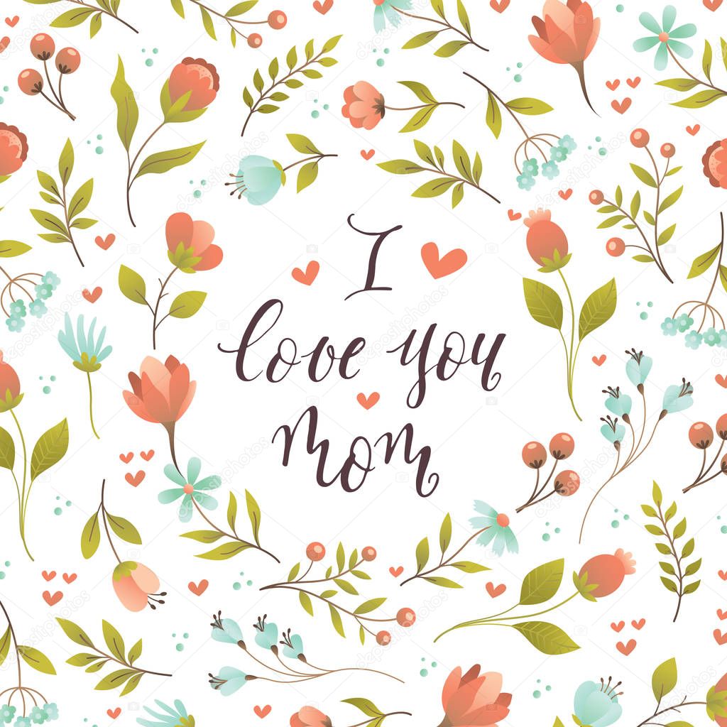 Vector Happy Mother's Day Hand Lettering on Flower Background.
