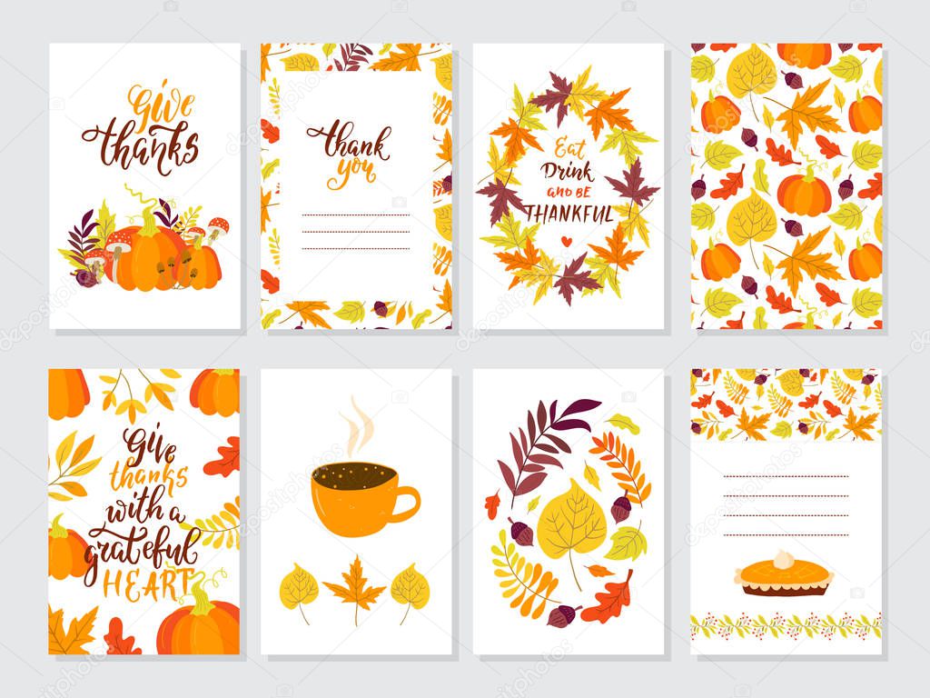 Vector Thanksgiving day invitation and greeting card, flyer, banner, poster templates. Hand drawn symbols, cute design elements, and handwritten lettering. Thanksgiving day vector collection.