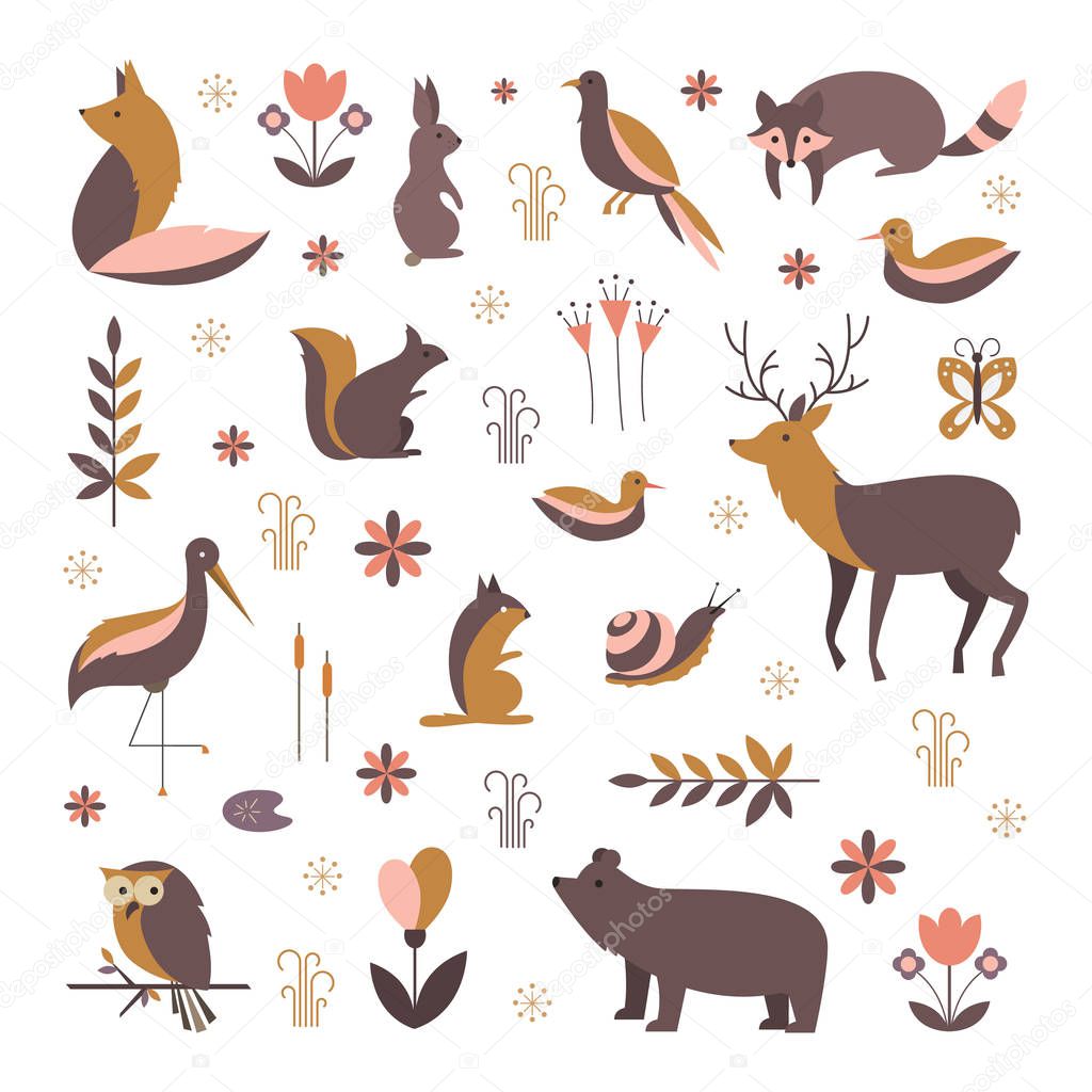 Owl, reindeer, moose, racoon, fox, bear and other. 
