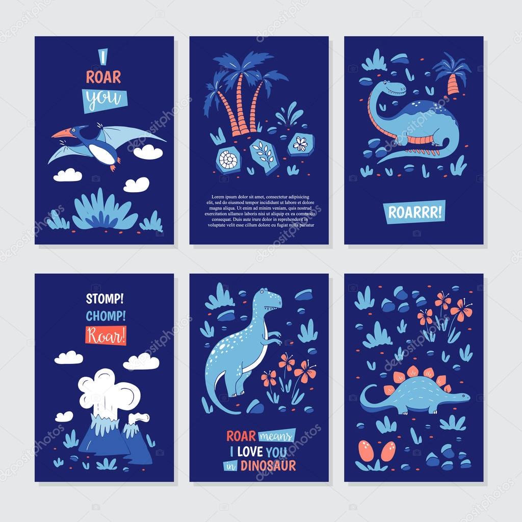 Vector greeting cards with funny dinosauts and elements in cartoon style for children birthday party, baby shower, poster and print.