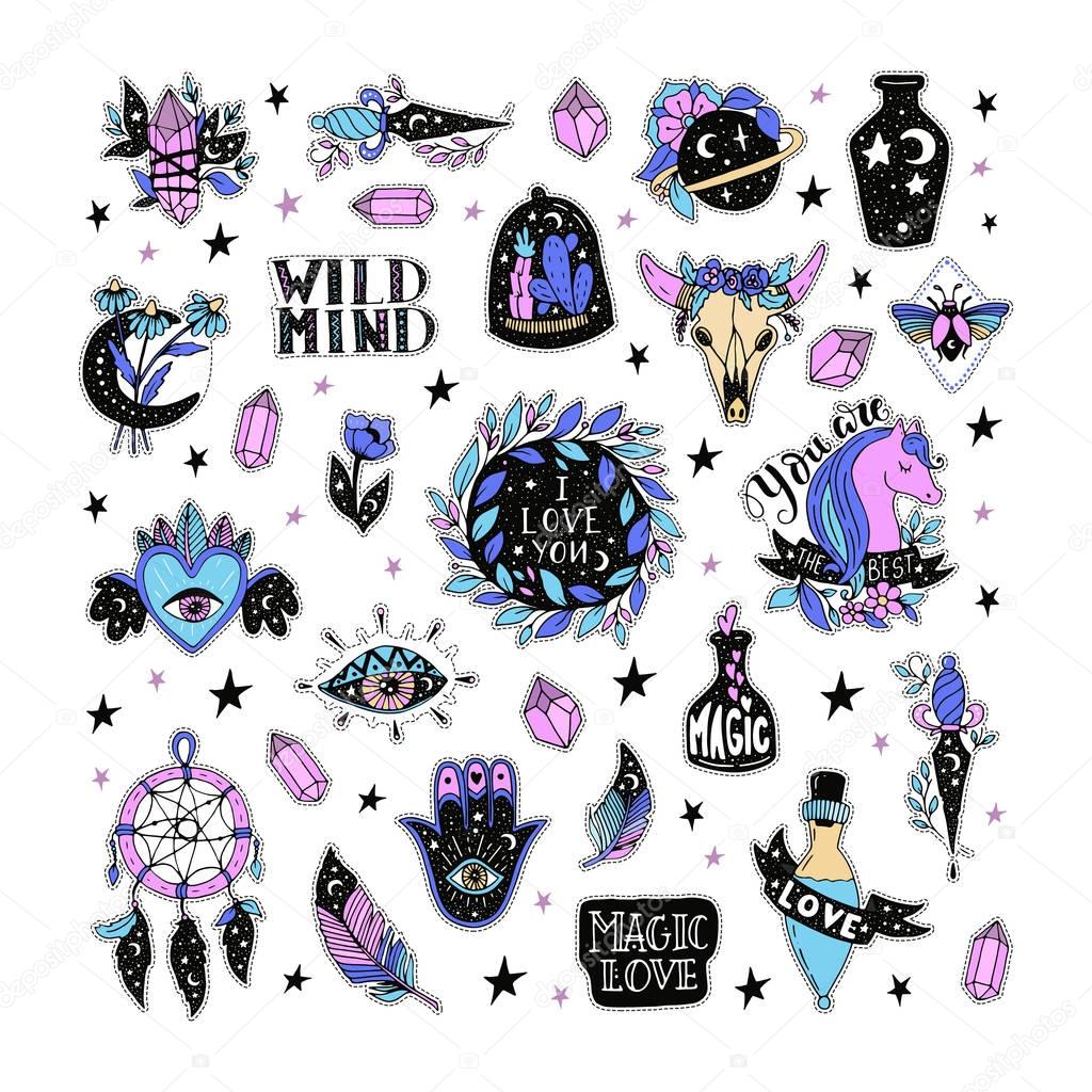 Vector patch set magic love and witchcraft. 80s-90s wild magic style design. Isolated illustrations - great for stickers, embroidery, badges.