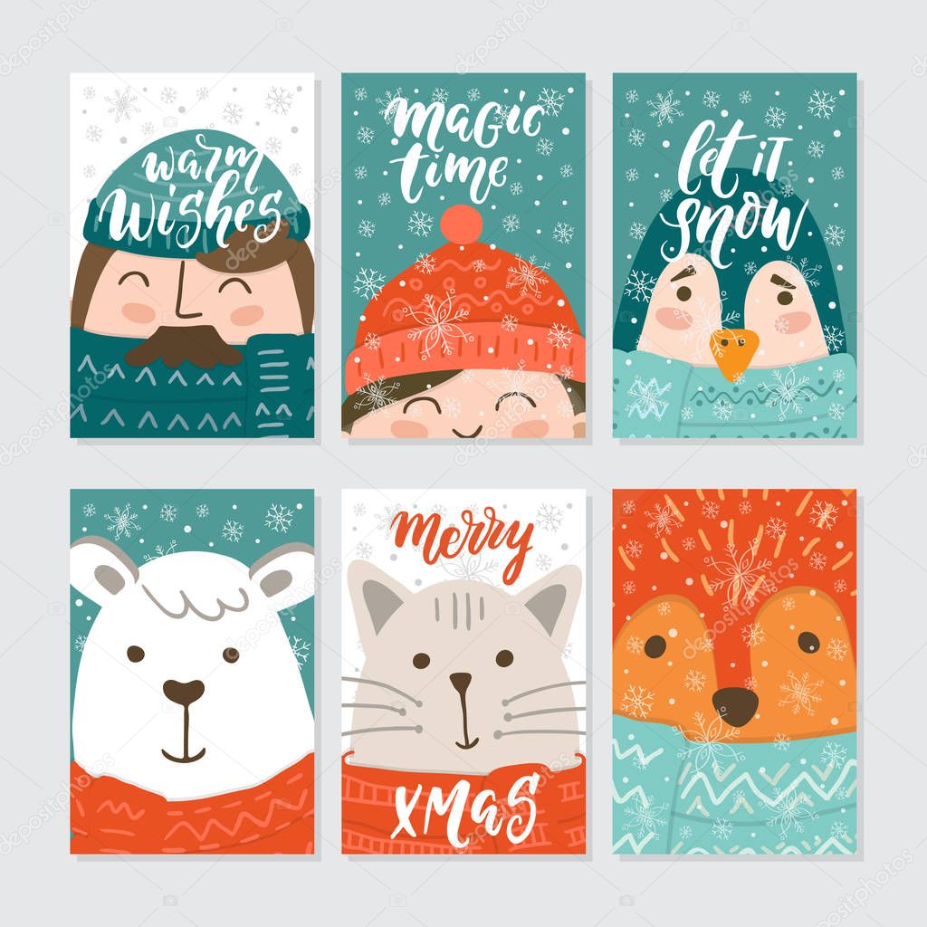 Vector Merry Christmas greeting cards and invitations isolated on background. Big set with cute cat, winter people, Santa, punguin, fox  hand drawn designs. Holiday lettering for Xmas design.