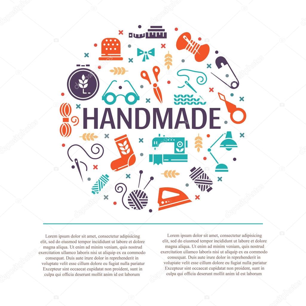 Hand made icons set: symbols or logos of sewing, knit, embroidery, needlework