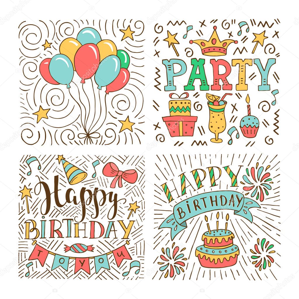 Set of birthday hand drawn illustrations for greeting cards design isolated on white background. Happy Birthday to you. Party elements. 