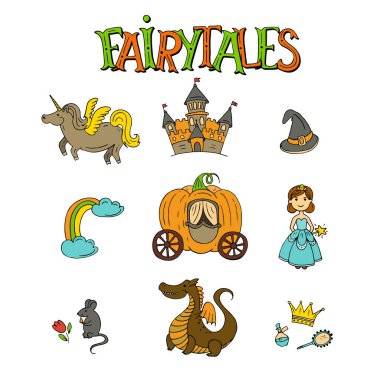 Öğeleri - Prenses, ejderha, kale, fare, unicorn peri masalları illüstrasyon el ile çizilmiş.