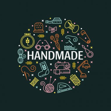Hand made icons set: symbols or logos of sewing, knit, embroidery, needlework clipart