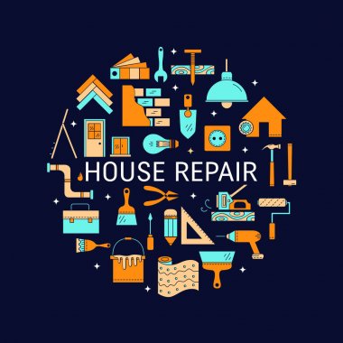 Ev onarım satırı simgeleri: İnşaat, elektrik, sıhhi tesisat, ev onarım araçları