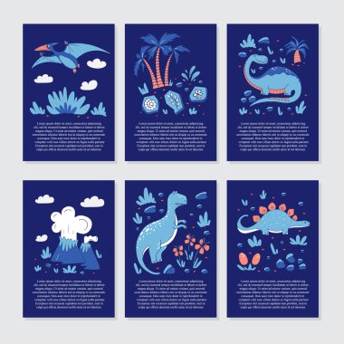 Vector greeting cards with funny dinosauts and elements in cartoon style for children birthday party, baby shower, poster and print. clipart