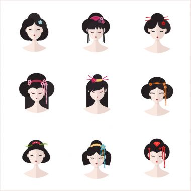 Daire basit avatar citcle yapılan vektör kümesi. Japon geyşa yüz farklı saç stili ile.