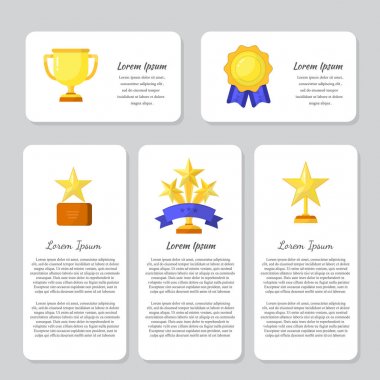 Vector cards with trophy, medals, cup and awards icons isolated on white background with text.  clipart