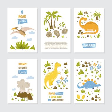 Vector greeting cards with funny dinosauts and elements in cartoon style for children birthday party, baby shower, poster and print. clipart