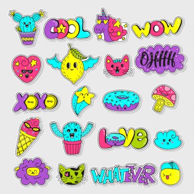 Vektör yama set - 80s 90s doodle tarzı tasarım. Kawaii doodle karakter. İzole resimleri - çıkartmalar, nakış, rozetleri için büyük.