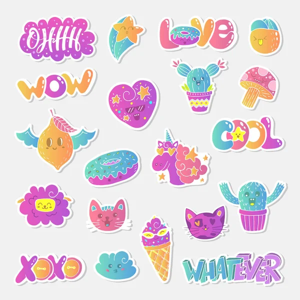 Vektör yama set - 80s 90s doodle tarzı tasarım. Kawaii doodle karakter. İzole resimleri - çıkartmalar, nakış, rozetleri için büyük.