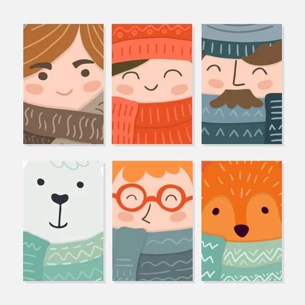 Tarjetas Felicitación Vectorial Invitaciones Con Lindos Animales Invierno Personas Aisladas — Archivo Imágenes Vectoriales