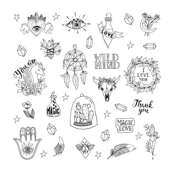 Vector Patch Set Magic Love Witchcraft 80S 90S Wild Magic — Stock Vector