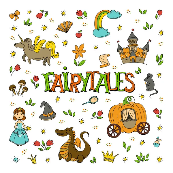 Schattig Fairy Tales Illustratie Met Hand Getrokken Elementen — Stockvector