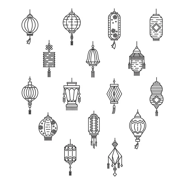 Vector Set Asian Street Chinese Holiday Lanterns Culture Decorations Monoline — Stock Vector