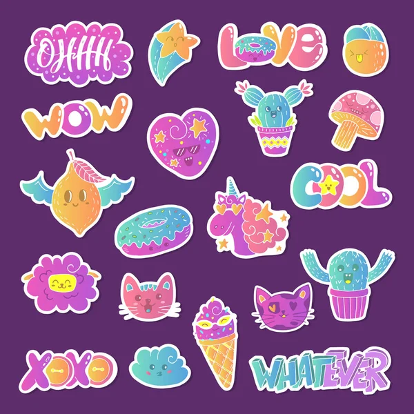 Vektör yama set - 80s 90s doodle tarzı tasarım. Kawaii doodle karakter. İzole resimleri - çıkartmalar, nakış, rozetleri için büyük.