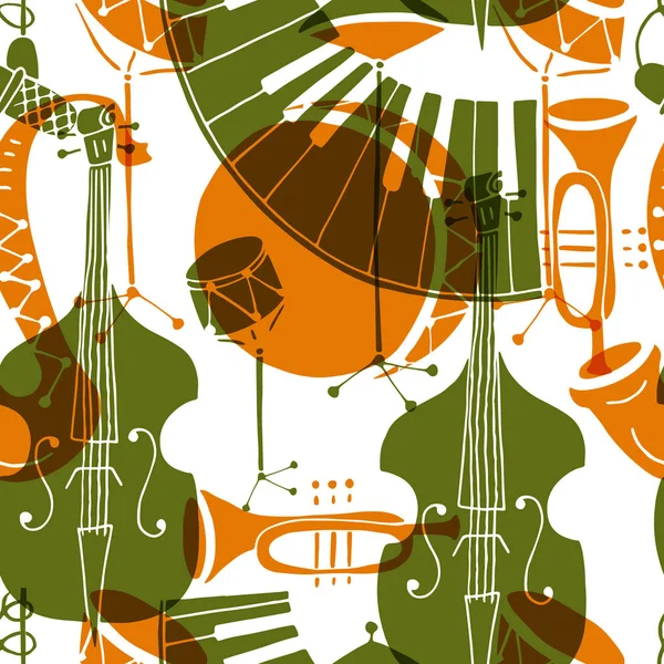 Nahtloses Muster Mit Musikinstrumenten Posaune Trompete Kontrabass Saxophon Bassdrum Und — Stockvektor