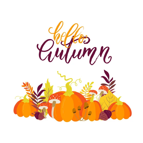 Vektor Herbst Grußkarte Mit Kürbissen Ahorn Eiche Espenblättern Und Eicheln — Stockvektor