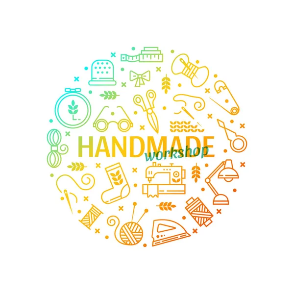 Hand Made Icons Set Symbols Logos Sewing Knit Embroidery Needlework — Stock Vector