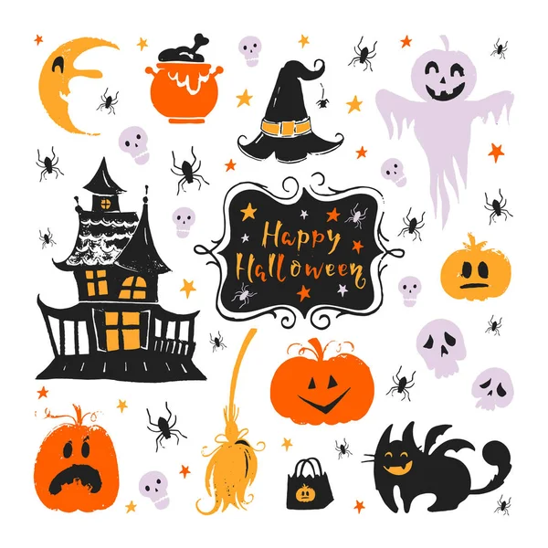 Set Vettoriale Elementi Design Halloween Adesivi Halloween Con Simboli Tradizionali — Vettoriale Stock