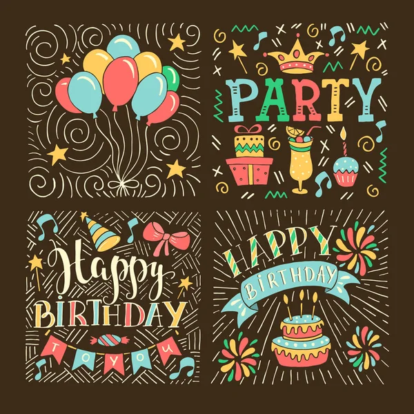 Ensemble Illustrations Dessinées Main Pour Anniversaire Pour Conception Cartes Vœux — Image vectorielle