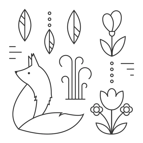 Vectorillustratie Lijn Zwart Wit Fox Blad Bloemen Pictogrammen Van Lijn — Stockvector