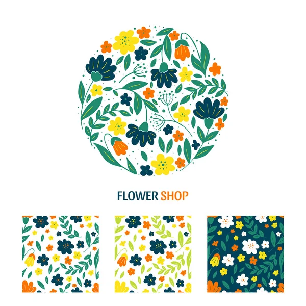 Vector Flower Collection Unique Floral Logo Seamless Patterns — Stock Vector