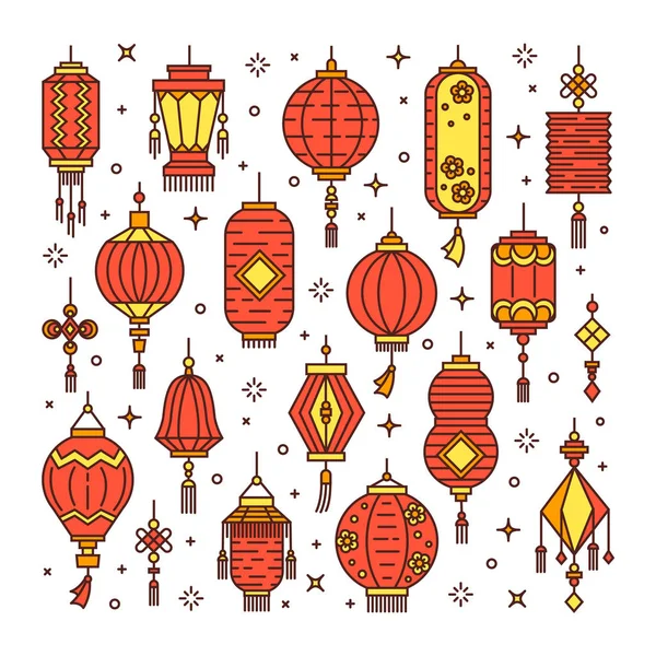 Векторный Набор Азиатских Улиц Китайских Праздничных Фонарей Культурные Украшения Монолиновые — стоковый вектор