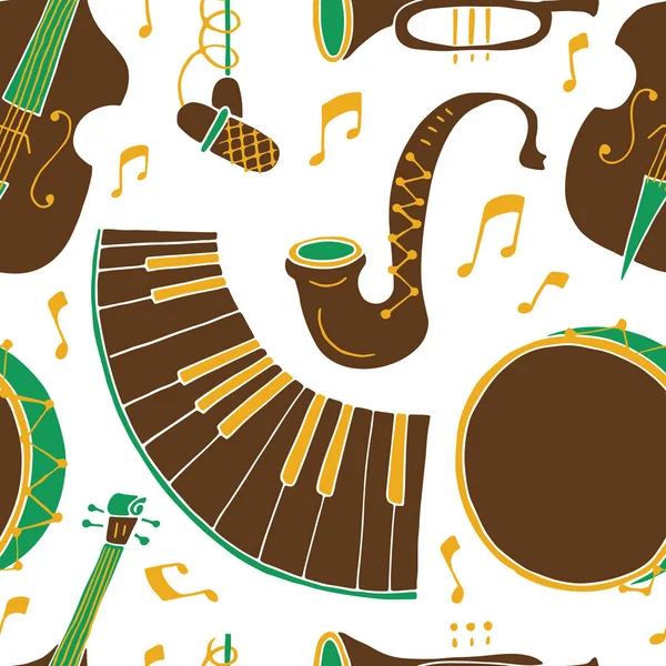Бесшовный Узор Музыкальными Инструментами Тромбон Труба Контрабас Саксофон Барабан Барабан — стоковый вектор