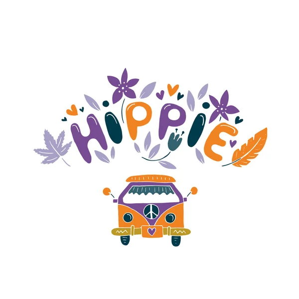 Ilustração Vetorial Hippie Com Flores Penas Mini Van — Vetor de Stock