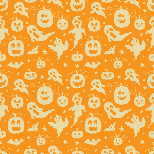 Vector Halloween Seamless Pattern Ghosts Pumpkins Stars Bats Hand Drawn — Stock Vector