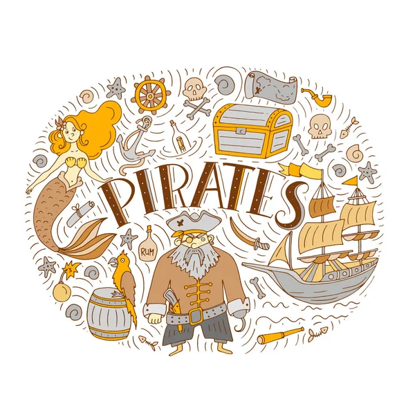 Symbols Pirates Hat Sword Guns Treasure Chest Ship Flag Captain — Stock Vector