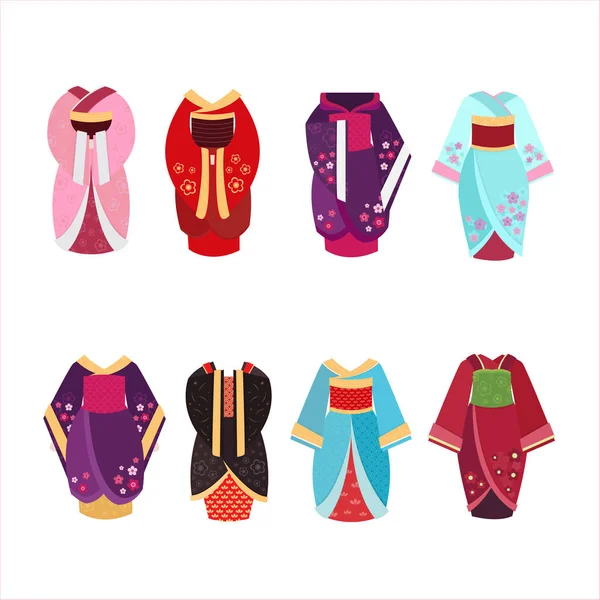 Set Kimono Colori Defferenti Con Fiore Oro Isolato Sfondo Bianco — Vettoriale Stock