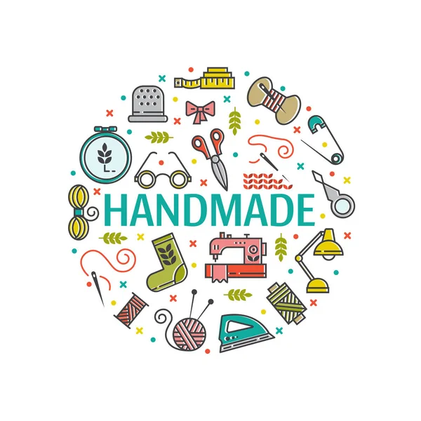 Hand Made Icons Set Symbols Logos Sewing Knit Embroidery Needlework Stock Illustration