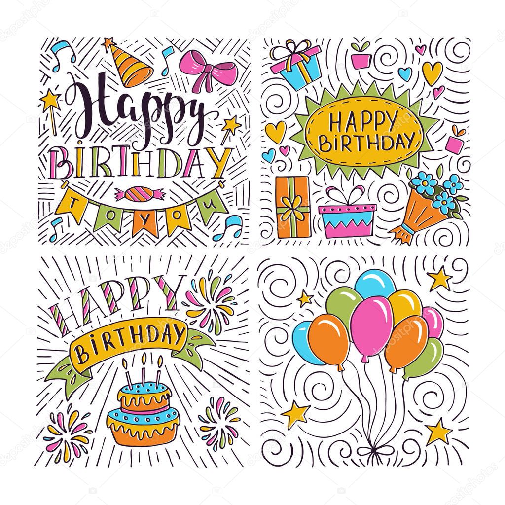 Set of birthday hand drawn illustrations for greeting cards design isolated on white background. Happy Birthday to you. Party elements. 