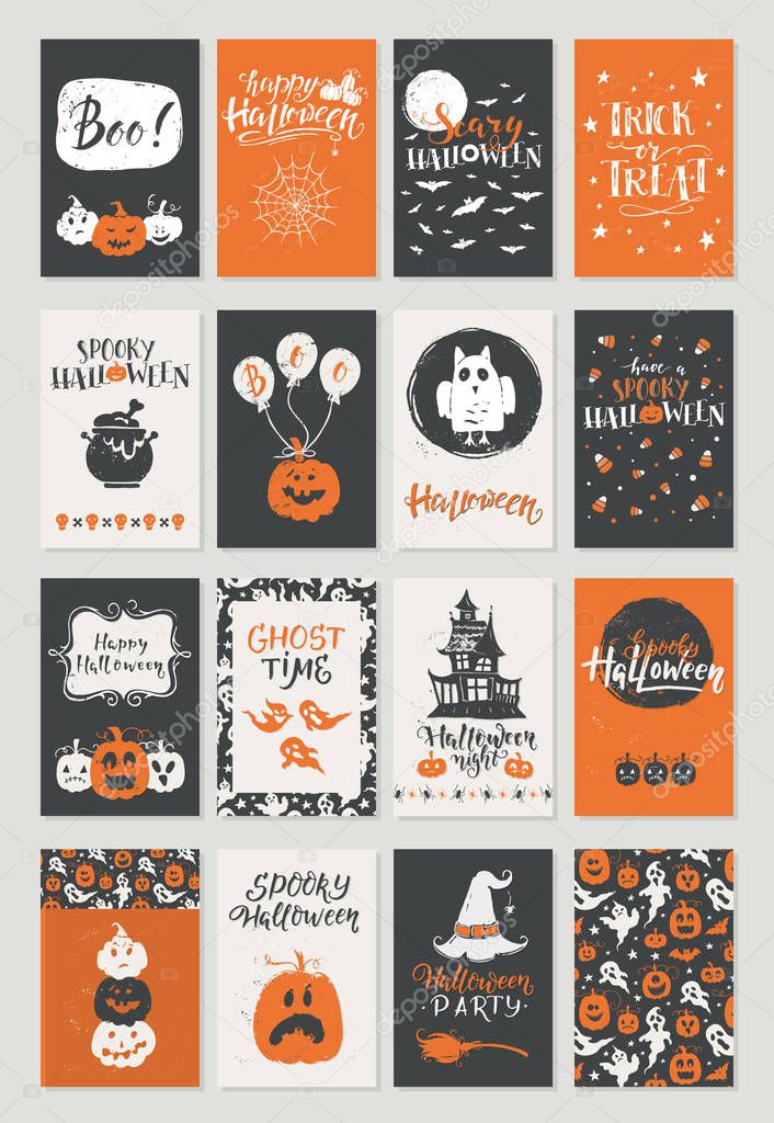 Vector Halloween mega set of greeting card, flyer, banner, poster templates. Hand drawn traditional symbols and handwritten lettering. Vector collection with pumpkins, owl, ghost, moon. Perfect for party invitation.