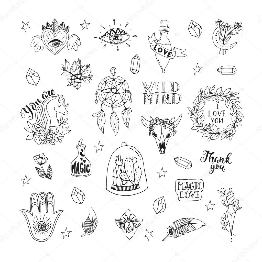 Vector patch set magic love and witchcraft. 80s-90s wild magic style design. Isolated illustrations - great for stickers, embroidery, badges.