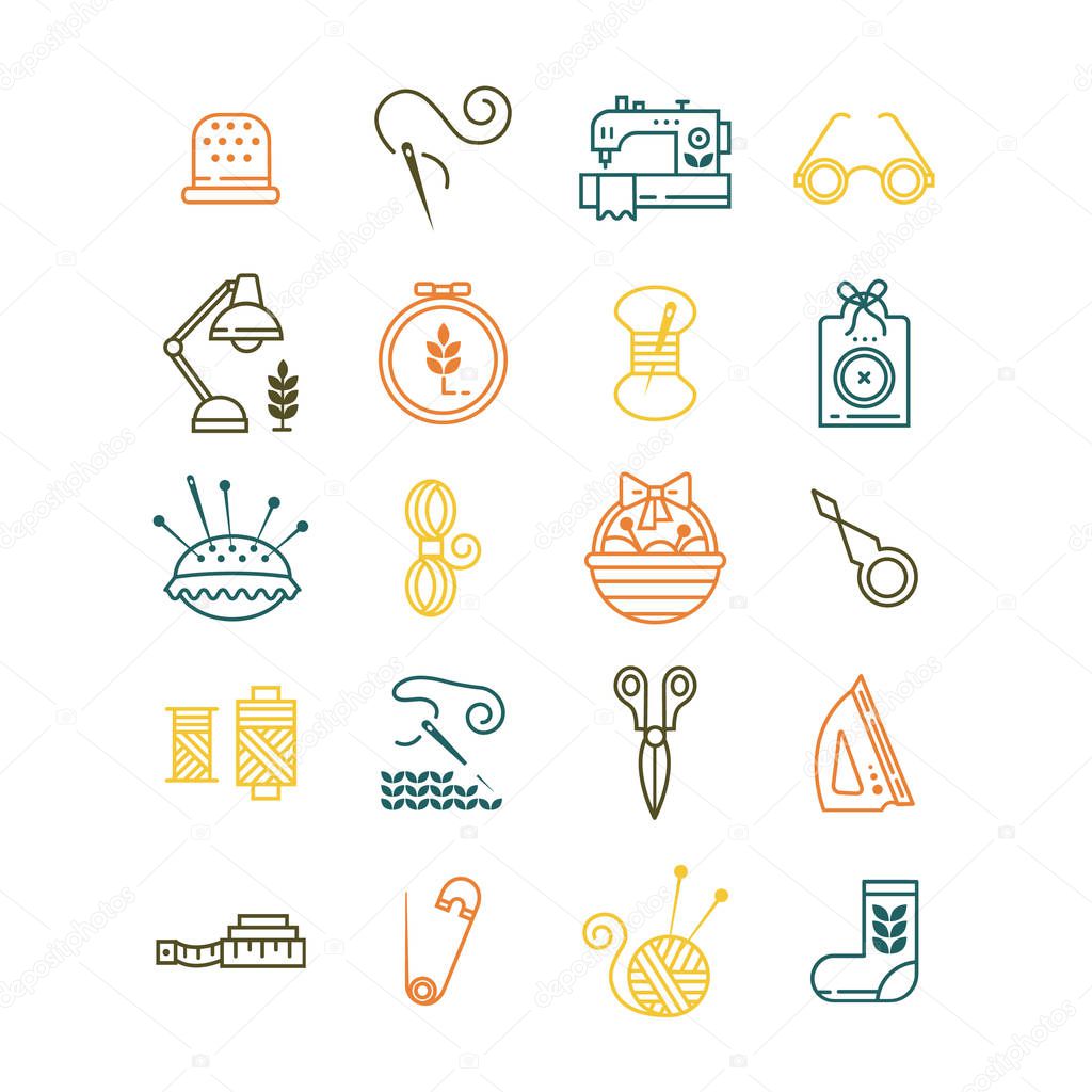 Hand made icons set: symbols of sewing, knit, embroidery, needlework