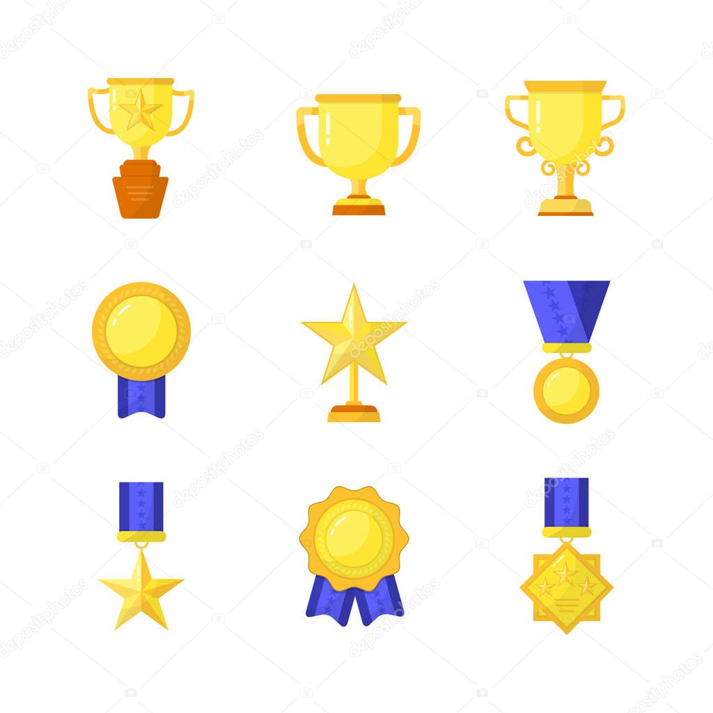 Vector trophy, medals, cups and awards icons set isolated on white background. Flat style.