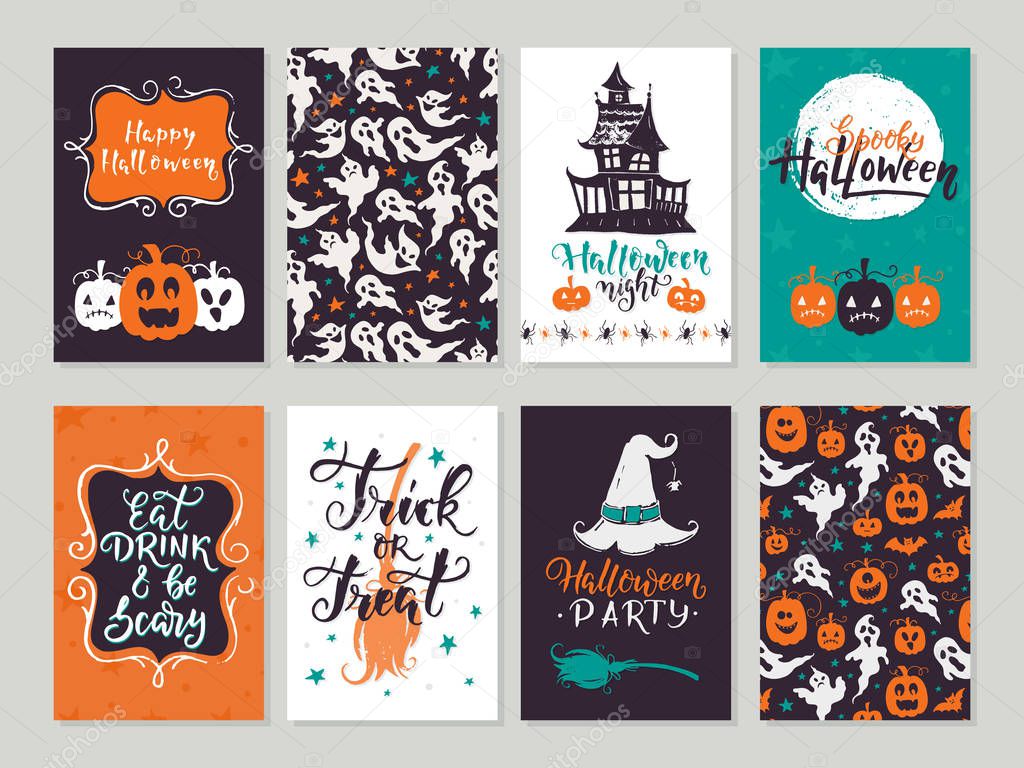 Vector Halloween greeting card, flyer, banner, poster templates. Hand drawn traditional symbols and handwritten lettering. Vector collection with pumpkins, ghost, moon. Perfect for party invitation.